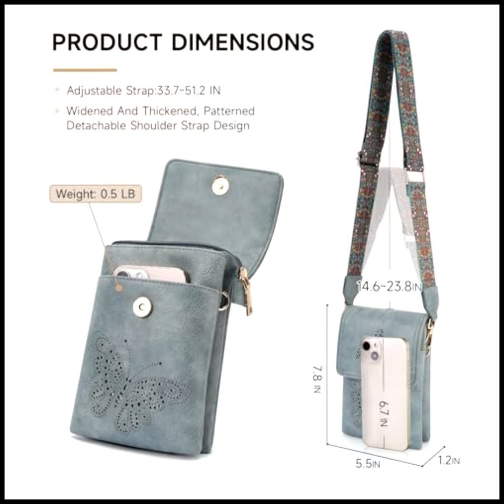 Vegan Leather Crossbody Bag with Triple Pockets, Adjustable Strap, Butterfly - Picture 4 of 7